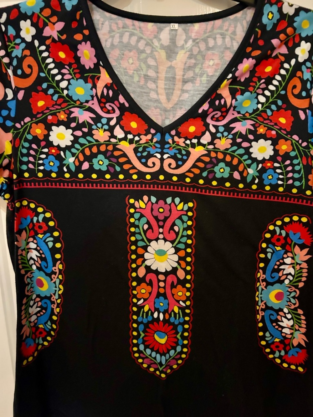 V-Neck Floral Folk Print Top in Black - Picture 2 of 5